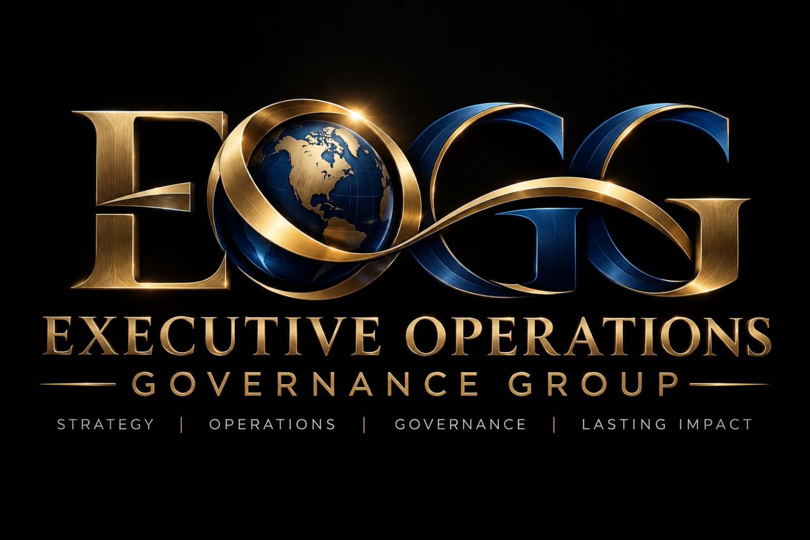 Executive Operations Governance Group gold and navy logo with globe